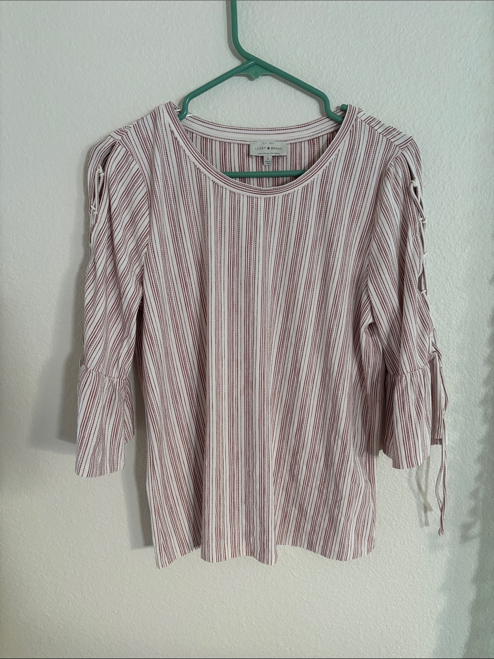 Lucky Brand Pink and White Striped Long Sleeve Tie-Sleeve Top